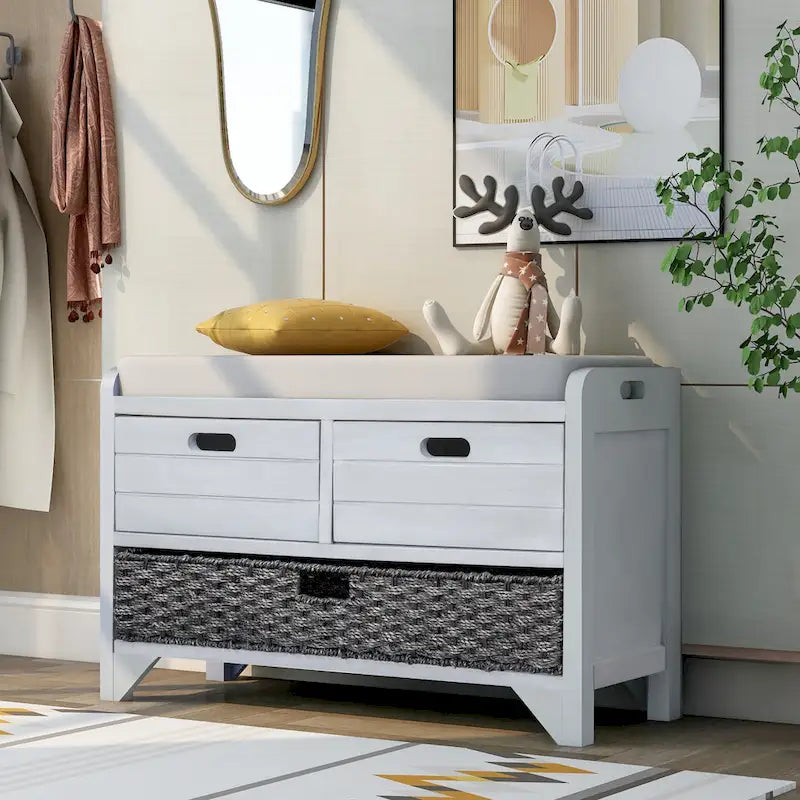 Banc de rangement avec panier amovible et 2 tiroirs