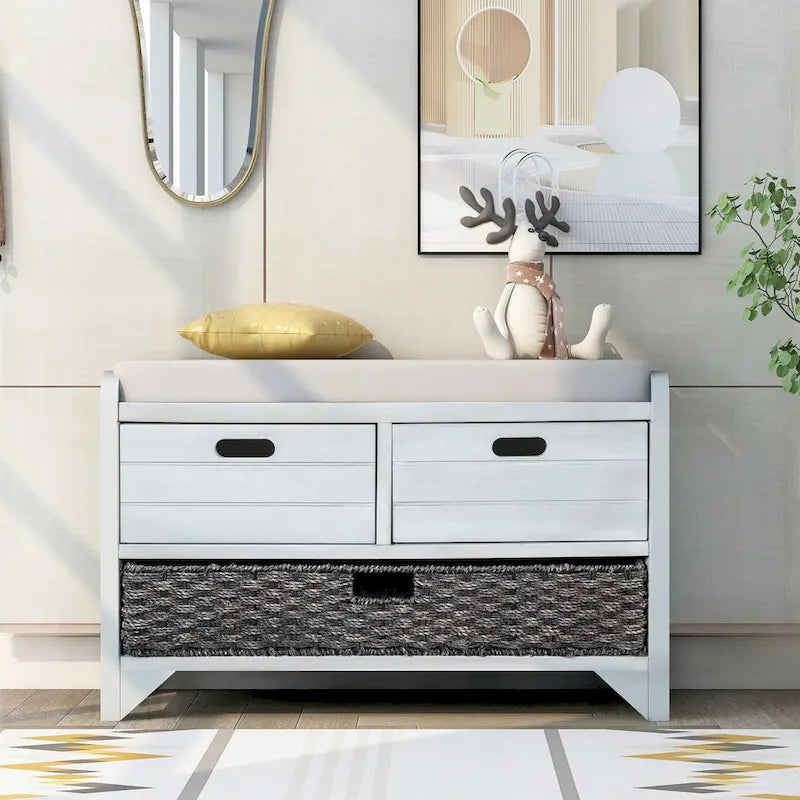 Banc de rangement avec panier amovible et 2 tiroirs