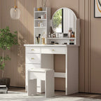 Coiffeuse avec miroir rond, tiroirs et étagères