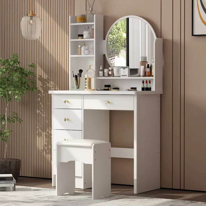 Coiffeuse avec miroir rond, tiroirs et étagères