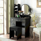 Coiffeuse avec miroir rond, tiroirs et étagères