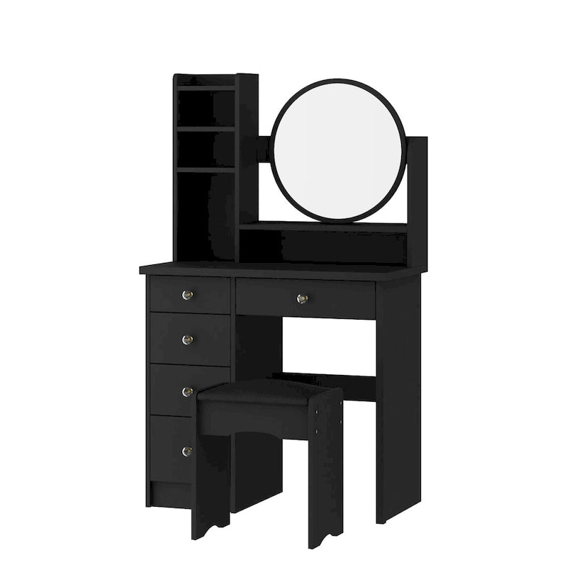 Coiffeuse avec miroir rond, tiroirs et étagères