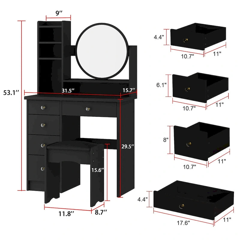Coiffeuse avec miroir rond, tiroirs et étagères