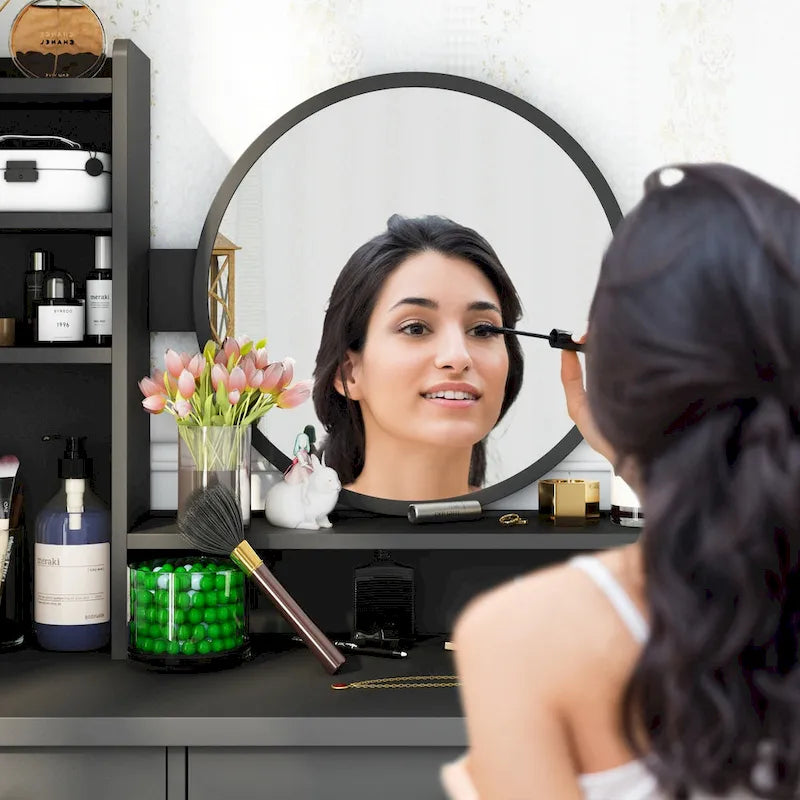 Coiffeuse avec miroir rond, tiroirs et étagères