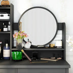 Coiffeuse avec miroir rond, tiroirs et étagères