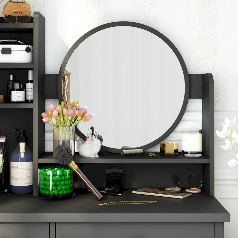 Coiffeuse avec miroir rond, tiroirs et étagères