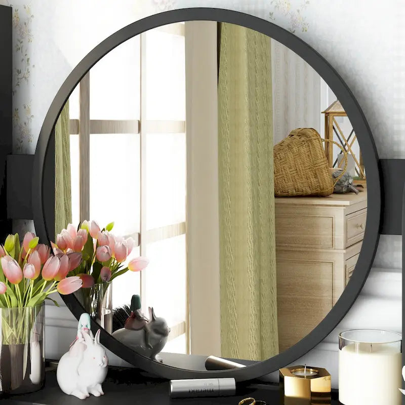 Coiffeuse avec miroir rond, tiroirs et étagères