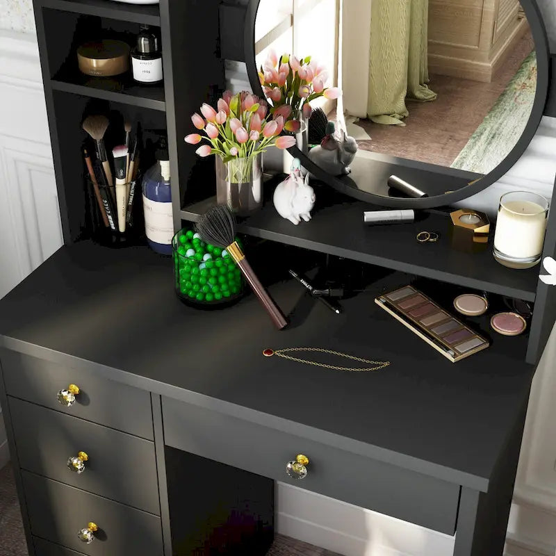 Coiffeuse avec miroir rond, tiroirs et étagères