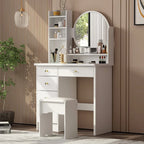 Coiffeuse avec miroir rond, tiroirs et étagères
