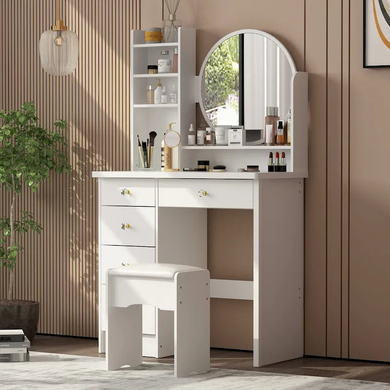 Coiffeuse avec miroir rond, tiroirs et étagères
