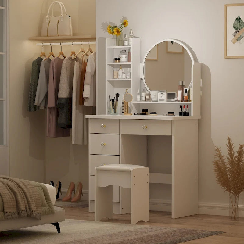 Coiffeuse avec miroir rond, tiroirs et étagères