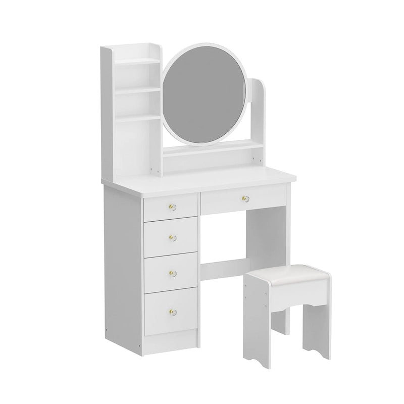 Coiffeuse avec miroir rond, tiroirs et étagères