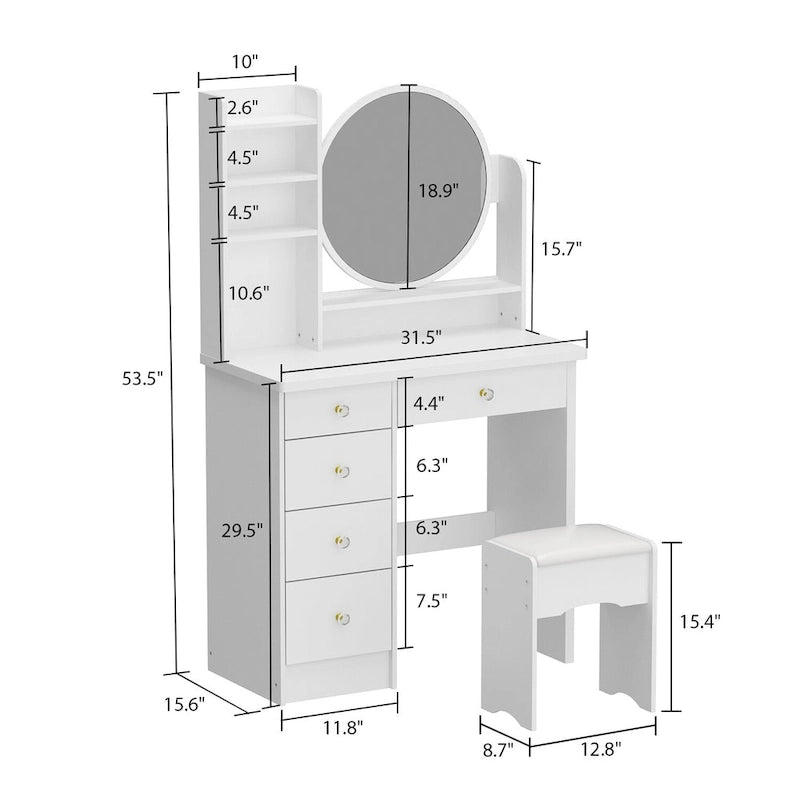 Coiffeuse avec miroir rond, tiroirs et étagères