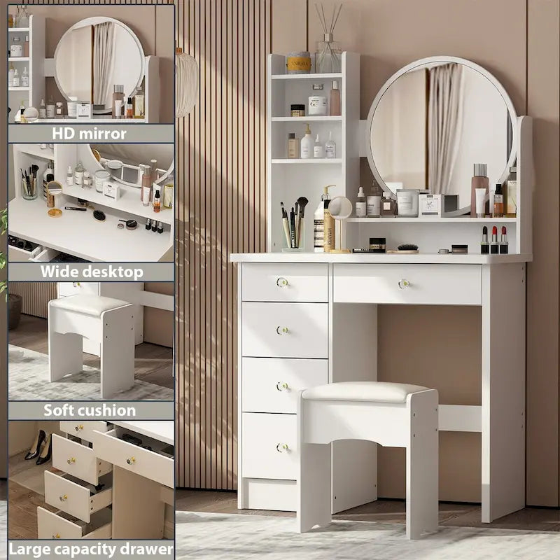 Coiffeuse avec miroir rond, tiroirs et étagères