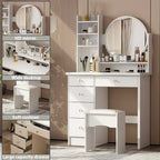 Coiffeuse avec miroir rond, tiroirs et étagères