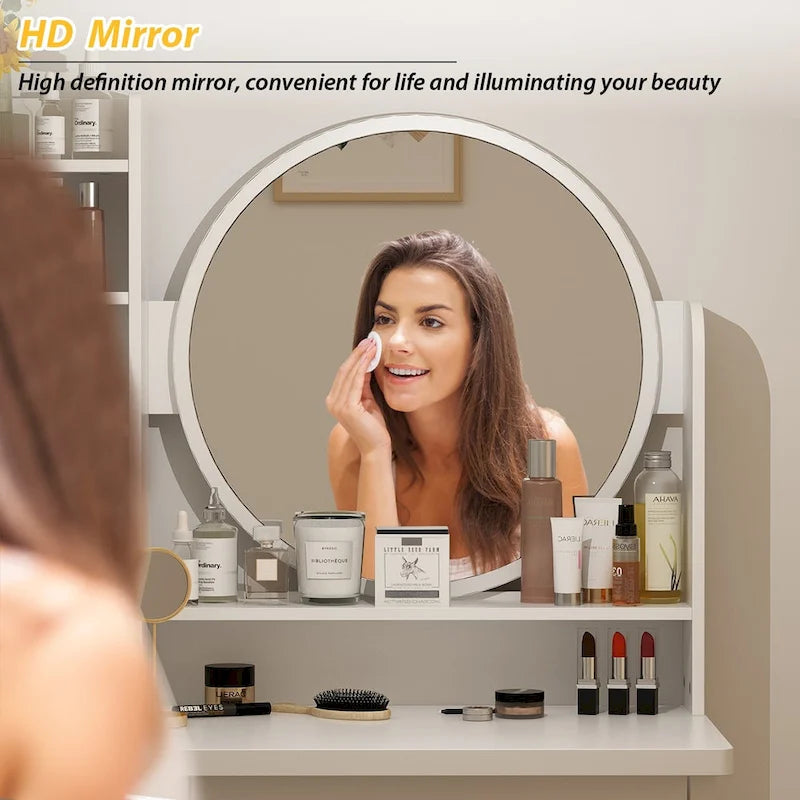 Coiffeuse avec miroir rond, tiroirs et étagères