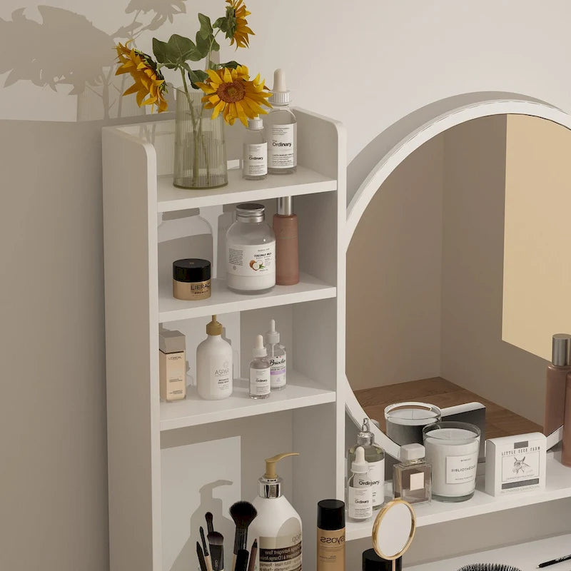 Coiffeuse avec miroir rond, tiroirs et étagères
