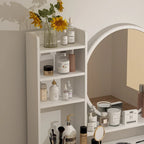 Coiffeuse avec miroir rond, tiroirs et étagères