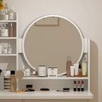 Coiffeuse avec miroir rond, tiroirs et étagères