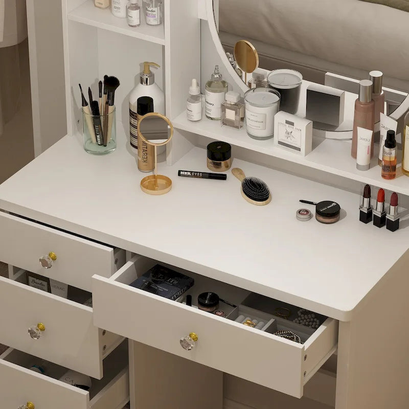 Coiffeuse avec miroir rond, tiroirs et étagères