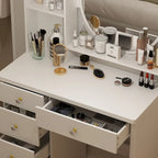 Coiffeuse avec miroir rond, tiroirs et étagères
