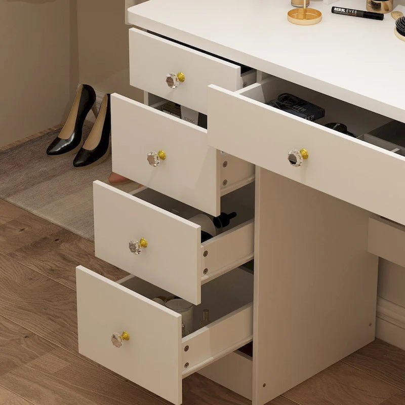 Coiffeuse avec miroir rond, tiroirs et étagères