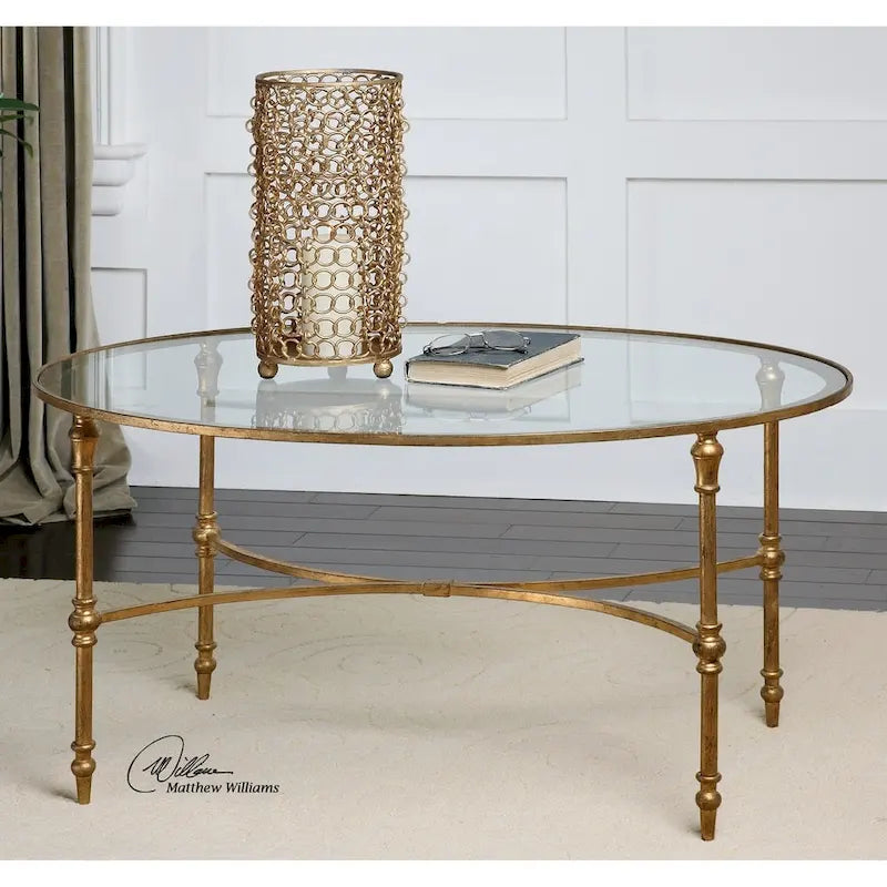 Table basse en verre ovale à la feuille d'or