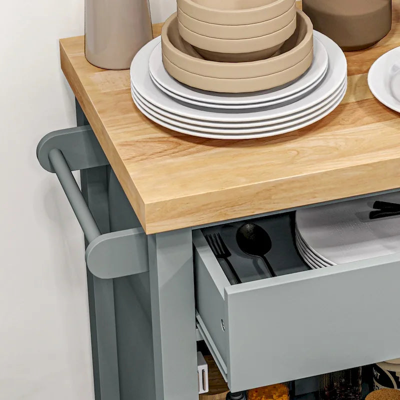 Desserte de cuisine roulante avec plateau en hévéa, tiroir, armoire et roulettes