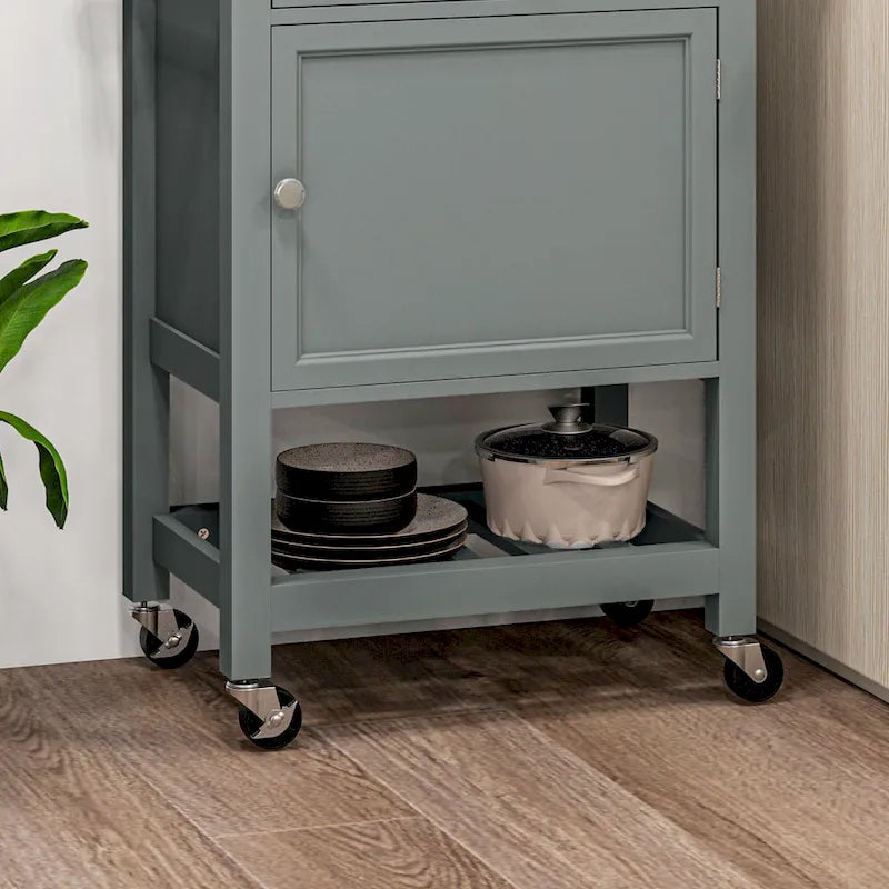 Desserte de cuisine roulante avec plateau en hévéa, tiroir, armoire et roulettes