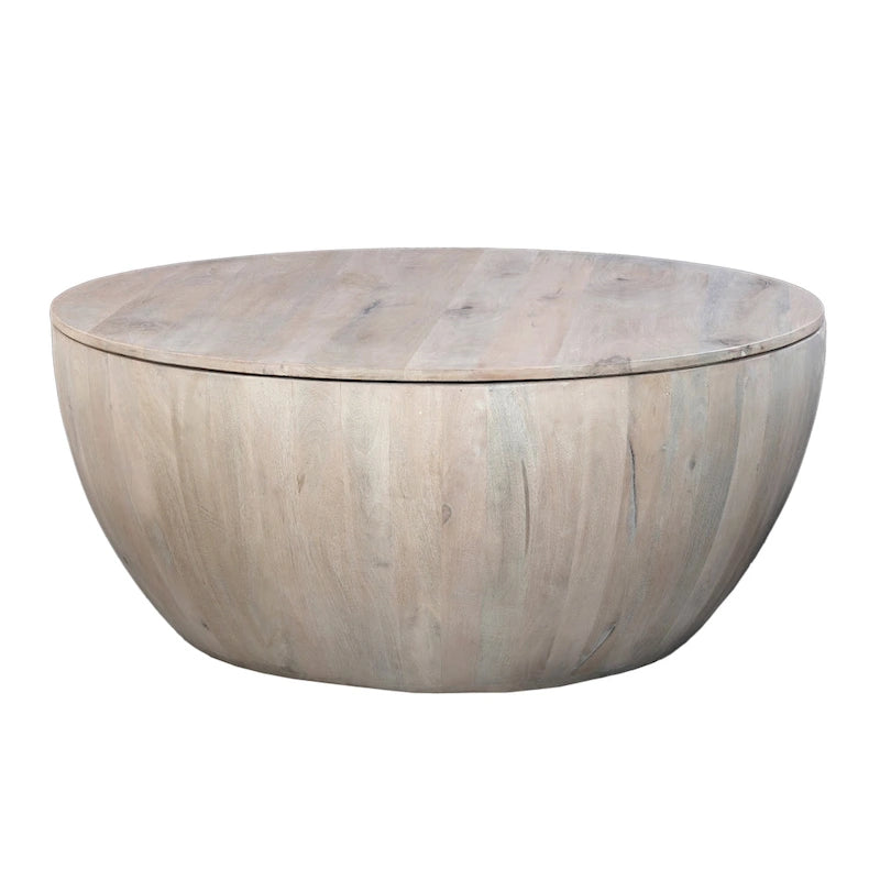 Table basse ronde de 37 pouces avec rangement, forme tambour, bois de manguier