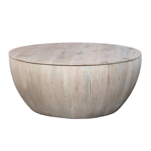 Table basse ronde de 37 pouces avec rangement, forme tambour, bois de manguier