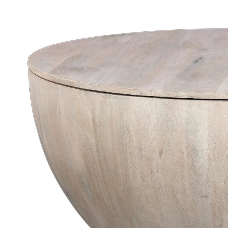 Table basse ronde de 37 pouces avec rangement, forme tambour, bois de manguier