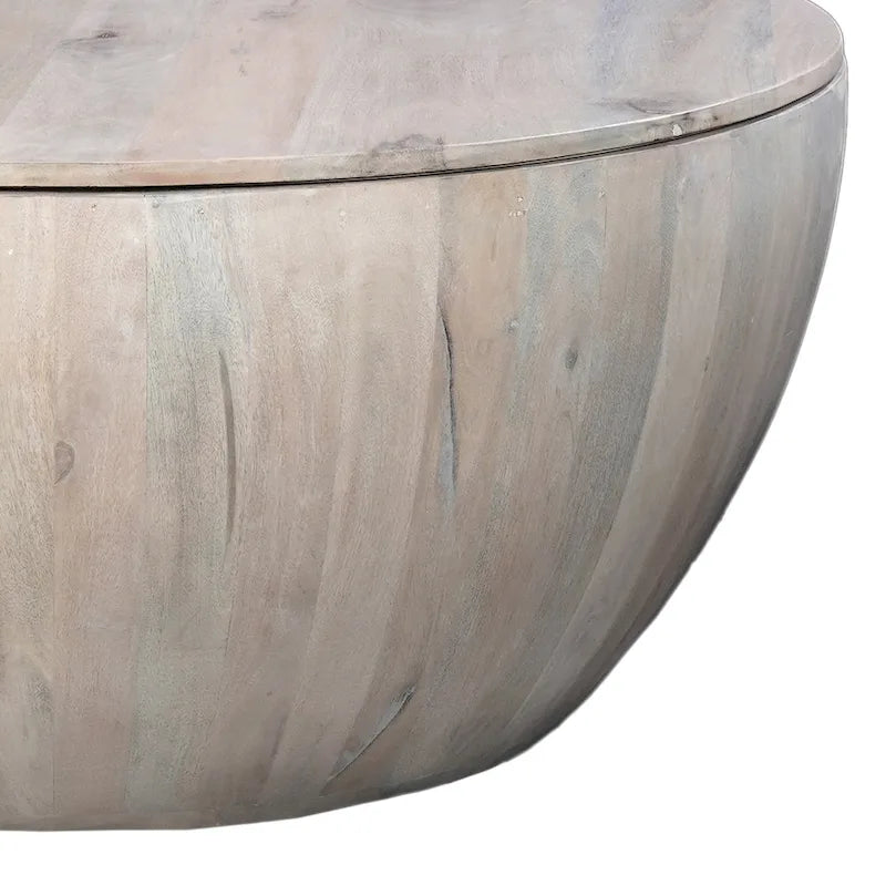 Table basse ronde de 37 pouces avec rangement, forme tambour, bois de manguier