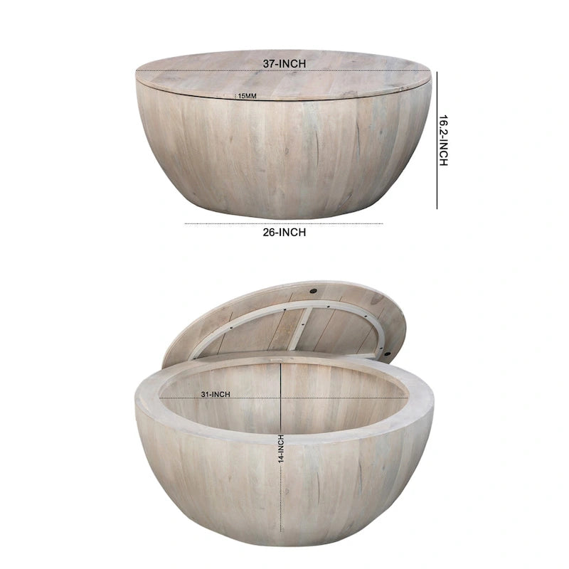 Table basse ronde de 37 pouces avec rangement, forme tambour, bois de manguier
