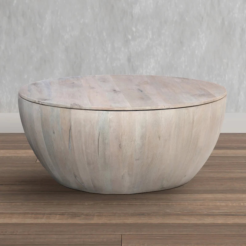 Table basse ronde de 37 pouces avec rangement, forme tambour, bois de manguier