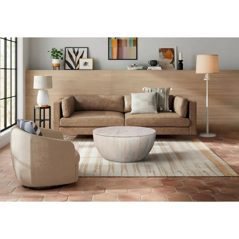 Table basse ronde de 37 pouces avec rangement, forme tambour, bois de manguier