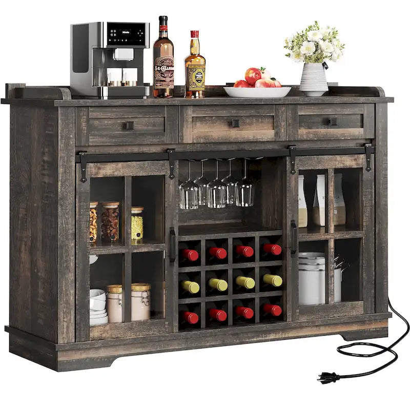 Buffet coulissant avec porte de grange, rangement pour le vin et recharge USB