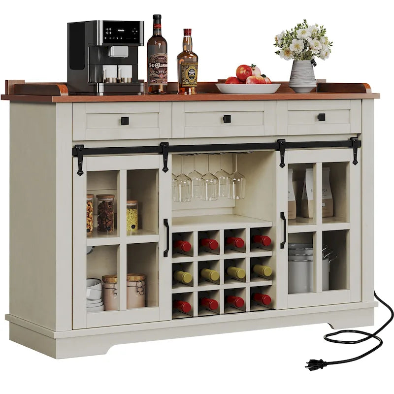 Buffet coulissant avec porte de grange, rangement pour le vin et recharge USB