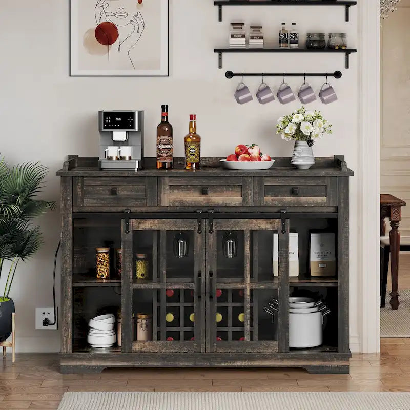 Buffet coulissant avec porte de grange, rangement pour le vin et recharge USB
