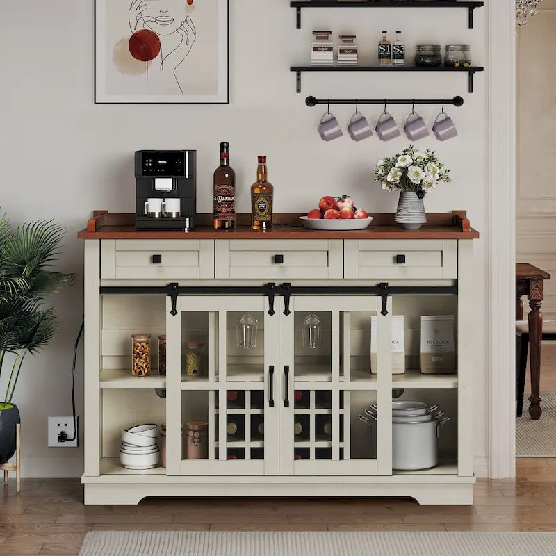 Buffet coulissant avec porte de grange, rangement pour le vin et recharge USB