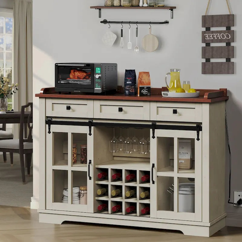 Buffet coulissant avec porte de grange, rangement pour le vin et recharge USB