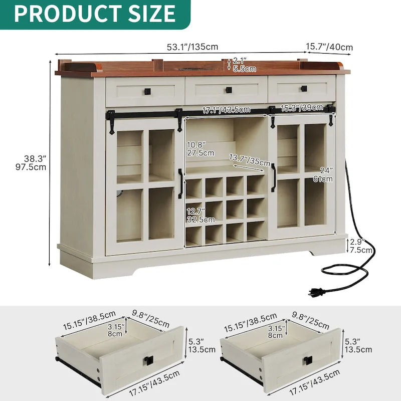 Buffet coulissant avec porte de grange, rangement pour le vin et recharge USB