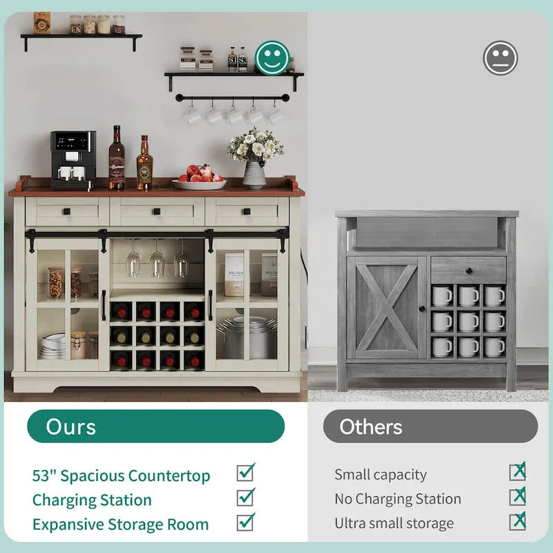 Buffet coulissant avec porte de grange, rangement pour le vin et recharge USB
