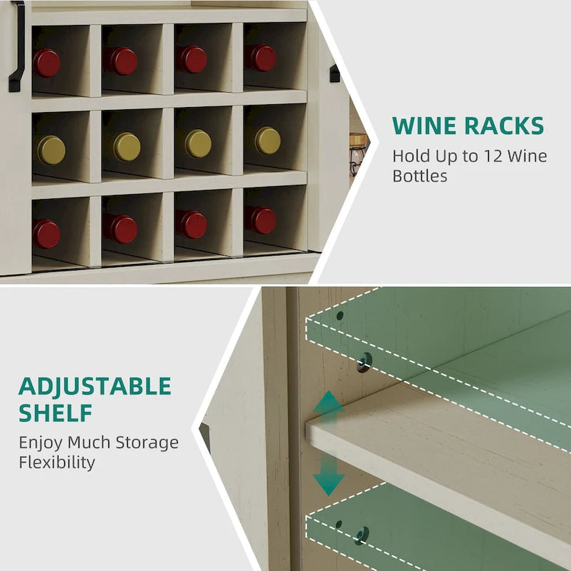 Buffet coulissant avec porte de grange, rangement pour le vin et recharge USB