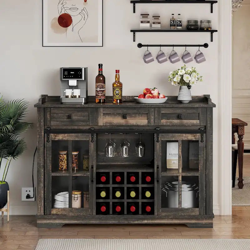Buffet coulissant avec porte de grange, rangement pour le vin et recharge USB