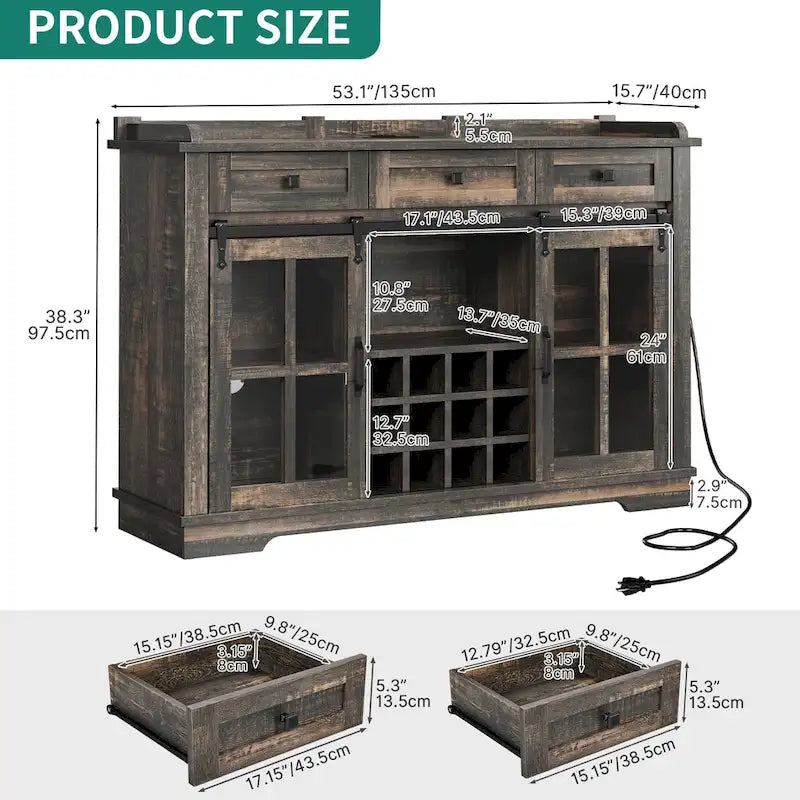 Buffet coulissant avec porte de grange, rangement pour le vin et recharge USB