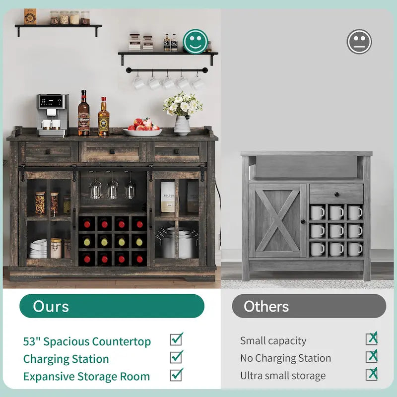 Buffet coulissant avec porte de grange, rangement pour le vin et recharge USB