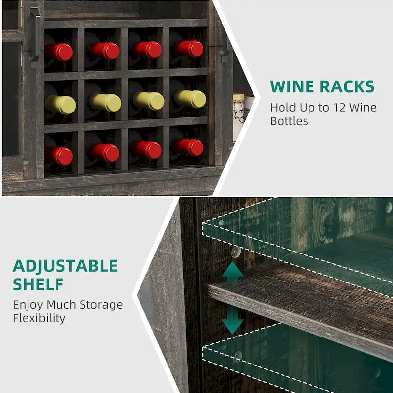 Buffet coulissant avec porte de grange, rangement pour le vin et recharge USB