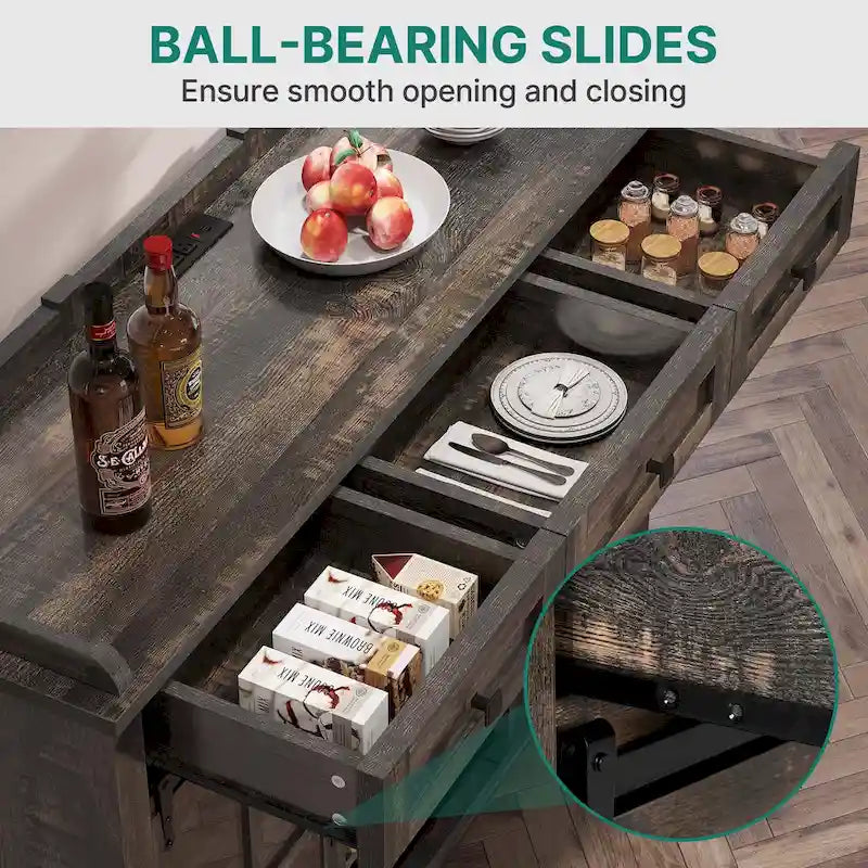 Buffet coulissant avec porte de grange, rangement pour le vin et recharge USB