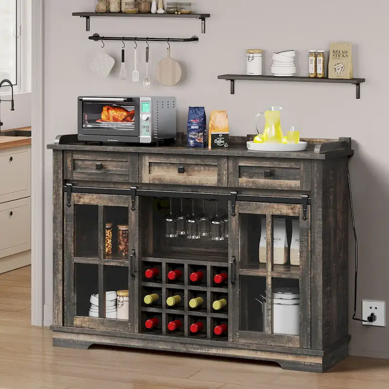 Buffet coulissant avec porte de grange, rangement pour le vin et recharge USB